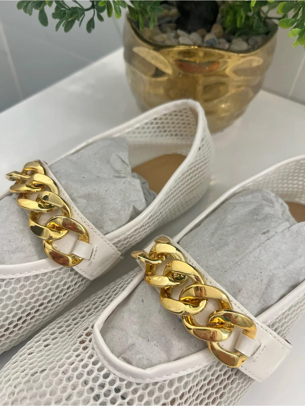 Women’s White Mesh Slip-On Loafers with Gold Chain Accent